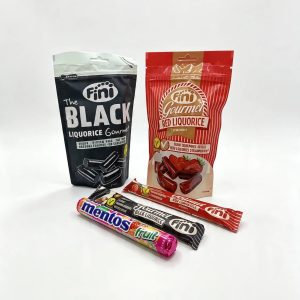 Pack de regaliz gourmet vegano y sin gluten Fini con bolsas de regaliz negro, regaliz de fresa y Mentos de regalo
